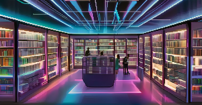 A futuristic library with digital books and holographic displays, featuring people browsing and interacting with technology.