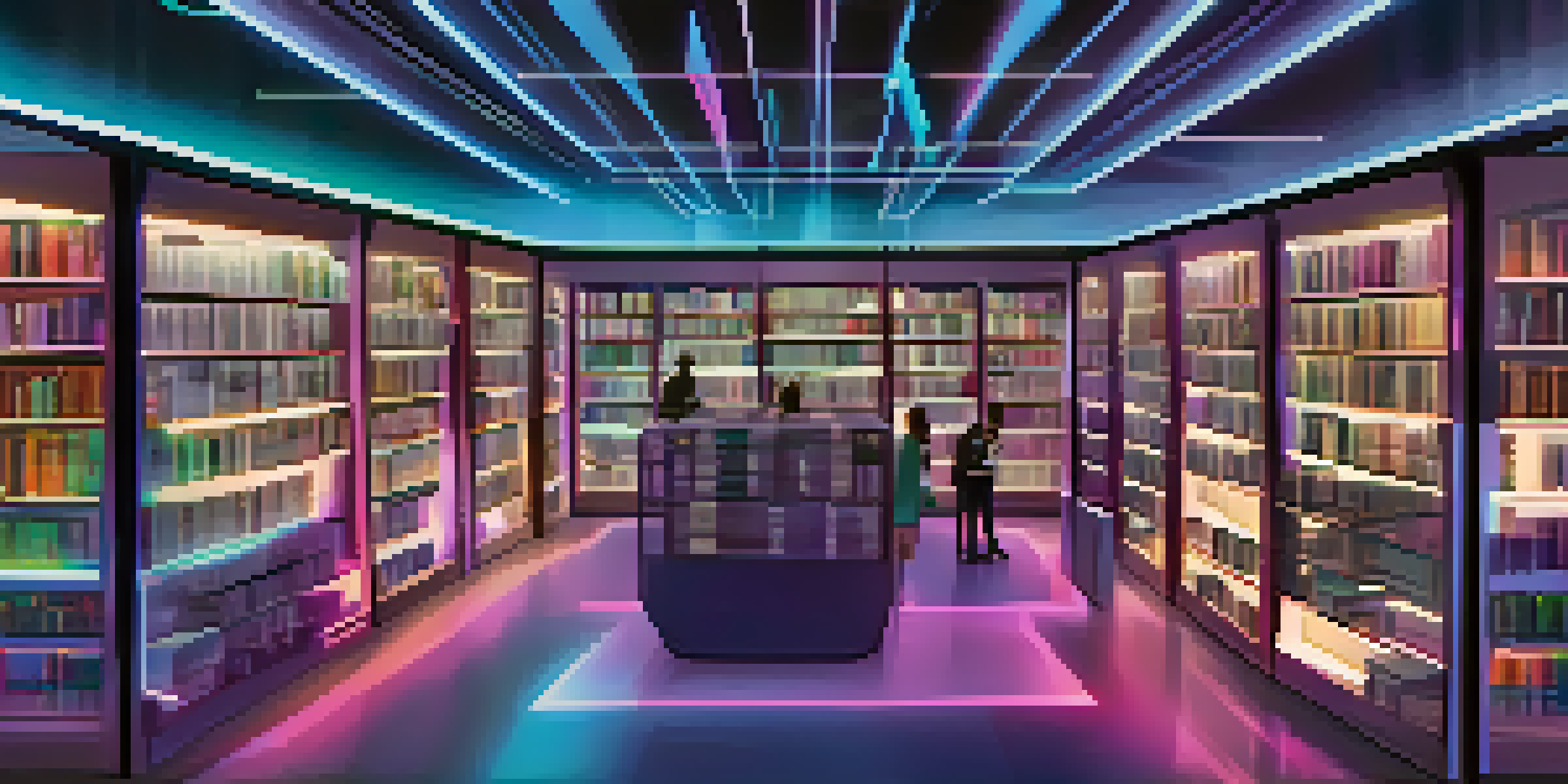 A futuristic library with digital books and holographic displays, featuring people browsing and interacting with technology.