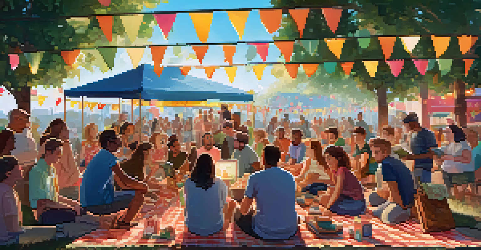 An outdoor community event with fans gathered around an author discussing NFTs, surrounded by string lights and colorful banners.