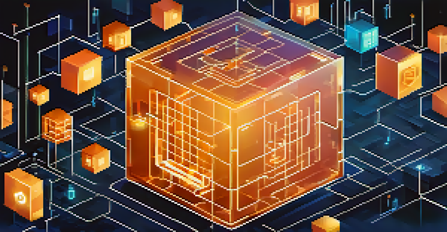 A digital representation of a blockchain network with interconnected blocks and glowing locks, symbolizing security.