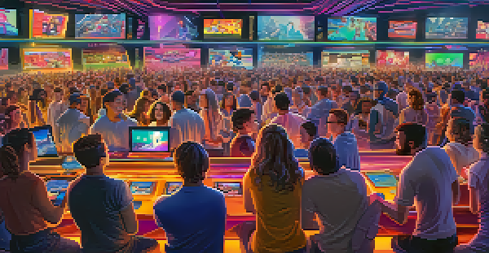 An animated auction scene where fans are bidding on digital sports collectibles, showcasing a variety of NFTs on colorful screens.