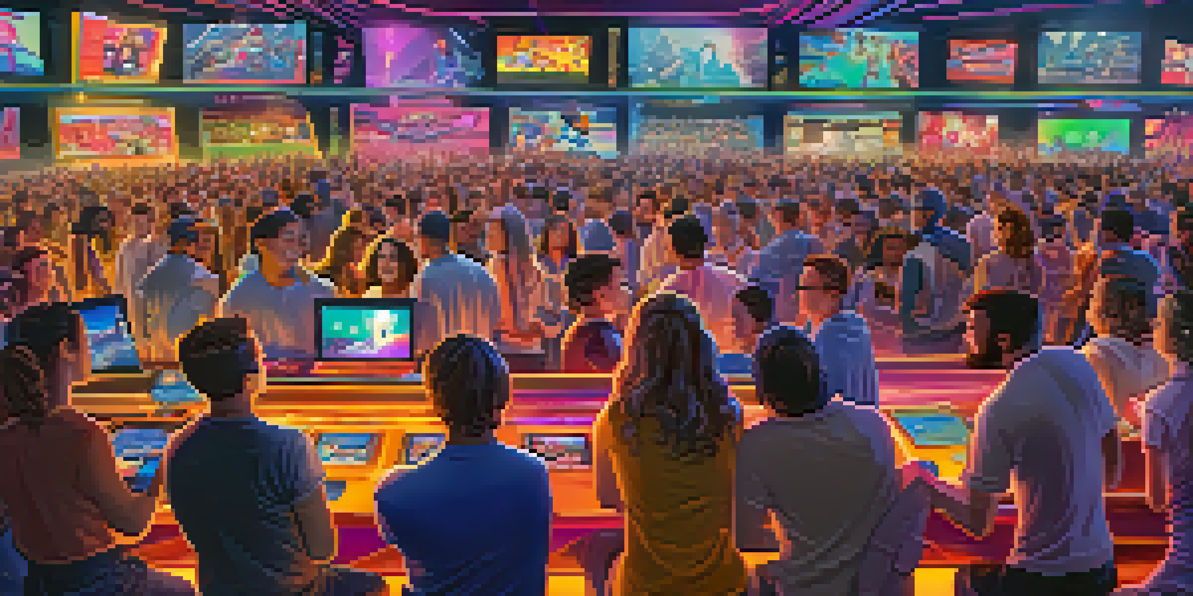 An animated auction scene where fans are bidding on digital sports collectibles, showcasing a variety of NFTs on colorful screens.