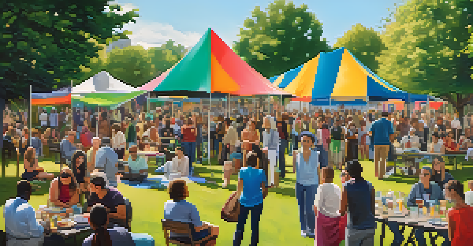A diverse community gathering in a park discussing NFTs and their social impact, with colorful banners in the background.
