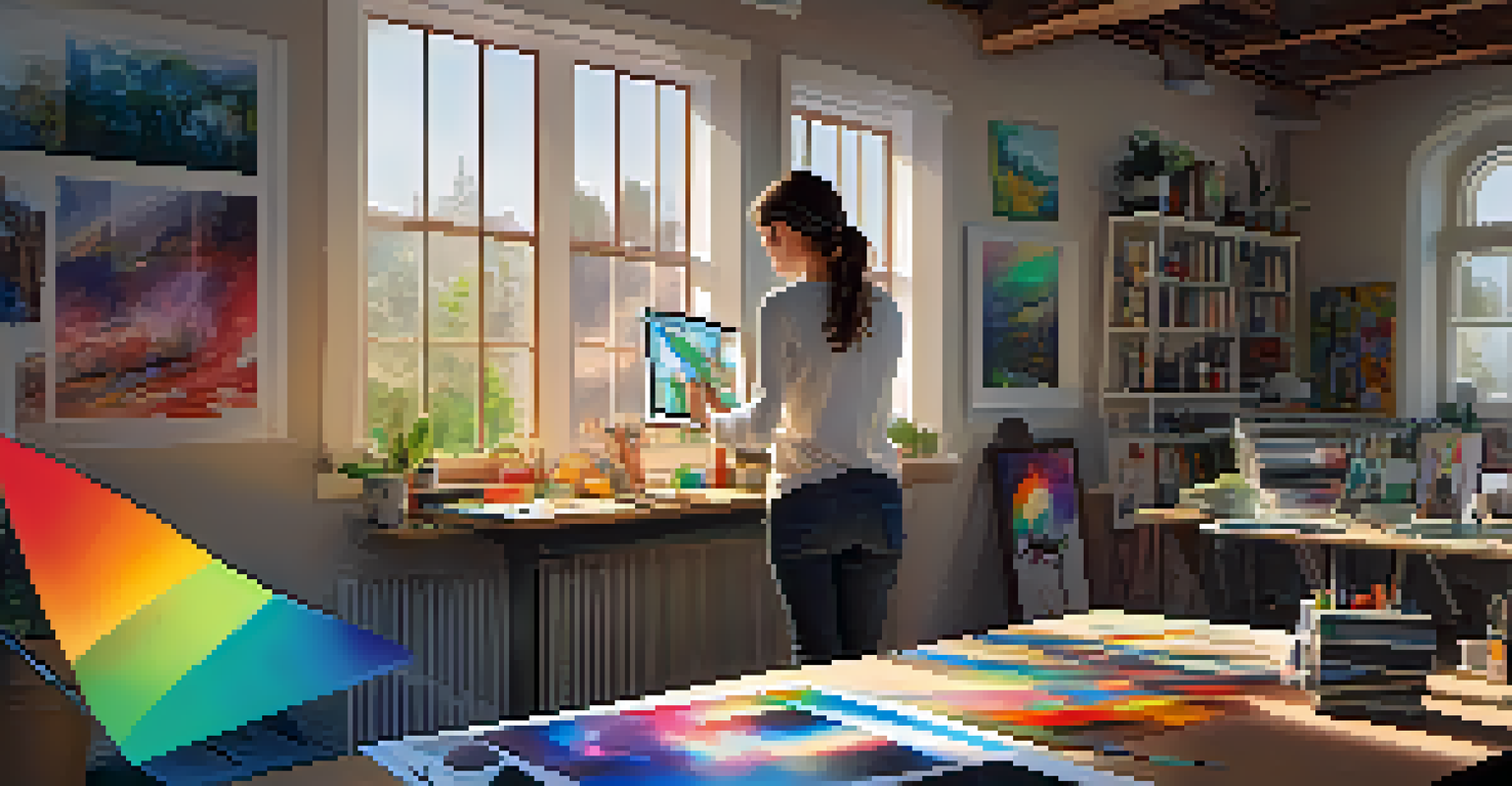 An artist in a bright studio, creating digital artwork on a tablet, surrounded by colorful sketches and tools.