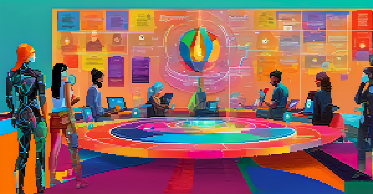 A digital interface showing voting options and community feedback from diverse avatars in an NFT community, set against a colorful, abstract background.