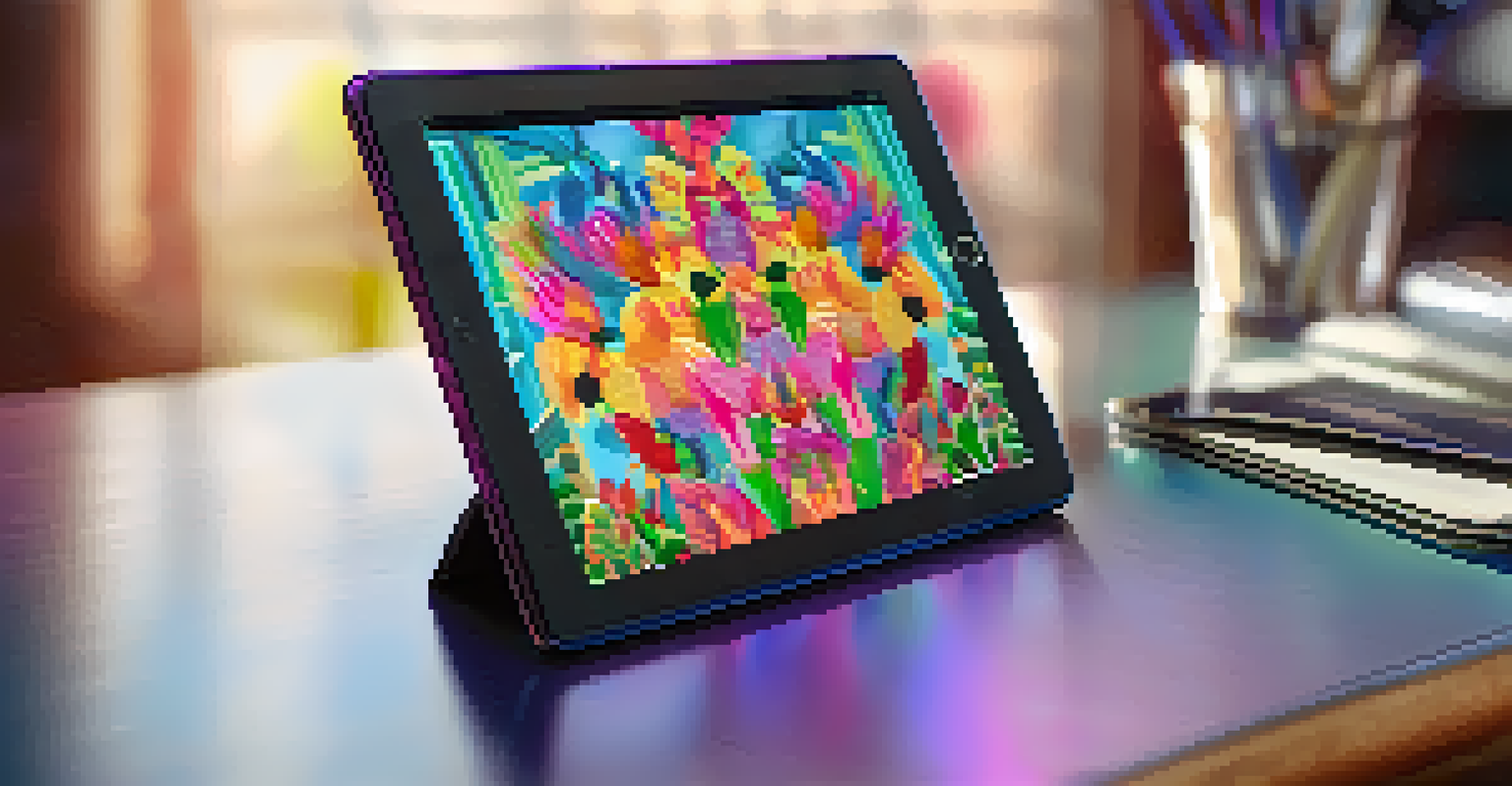 A close-up of a digital tablet showing intricate NFT artwork with vibrant colors.