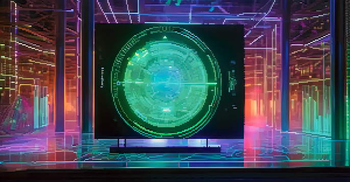 A glowing NFT displayed on a digital screen with holographic scientific data elements around it.