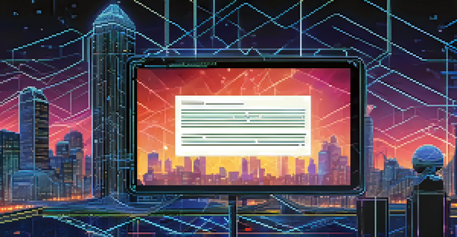 A digital screen displaying a smart contract execution on a blockchain, set against a futuristic cityscape with neon lights and a starry sky.