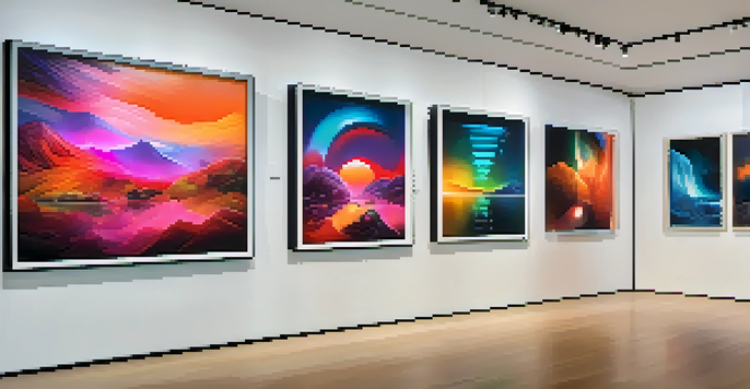 A virtual art gallery featuring colorful digital art displayed on screens, with visitors interacting with the exhibits.