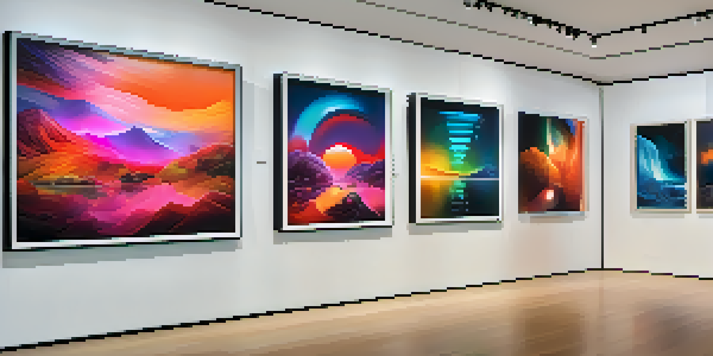 A virtual art gallery featuring colorful digital art displayed on screens, with visitors interacting with the exhibits.