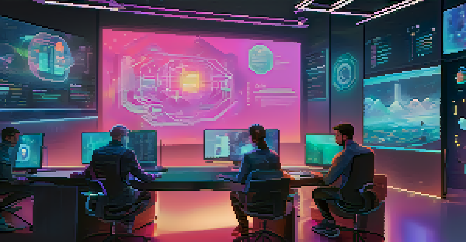NFT creators collaborating in a modern workspace with holographic screens displaying graphs and user privacy concepts.