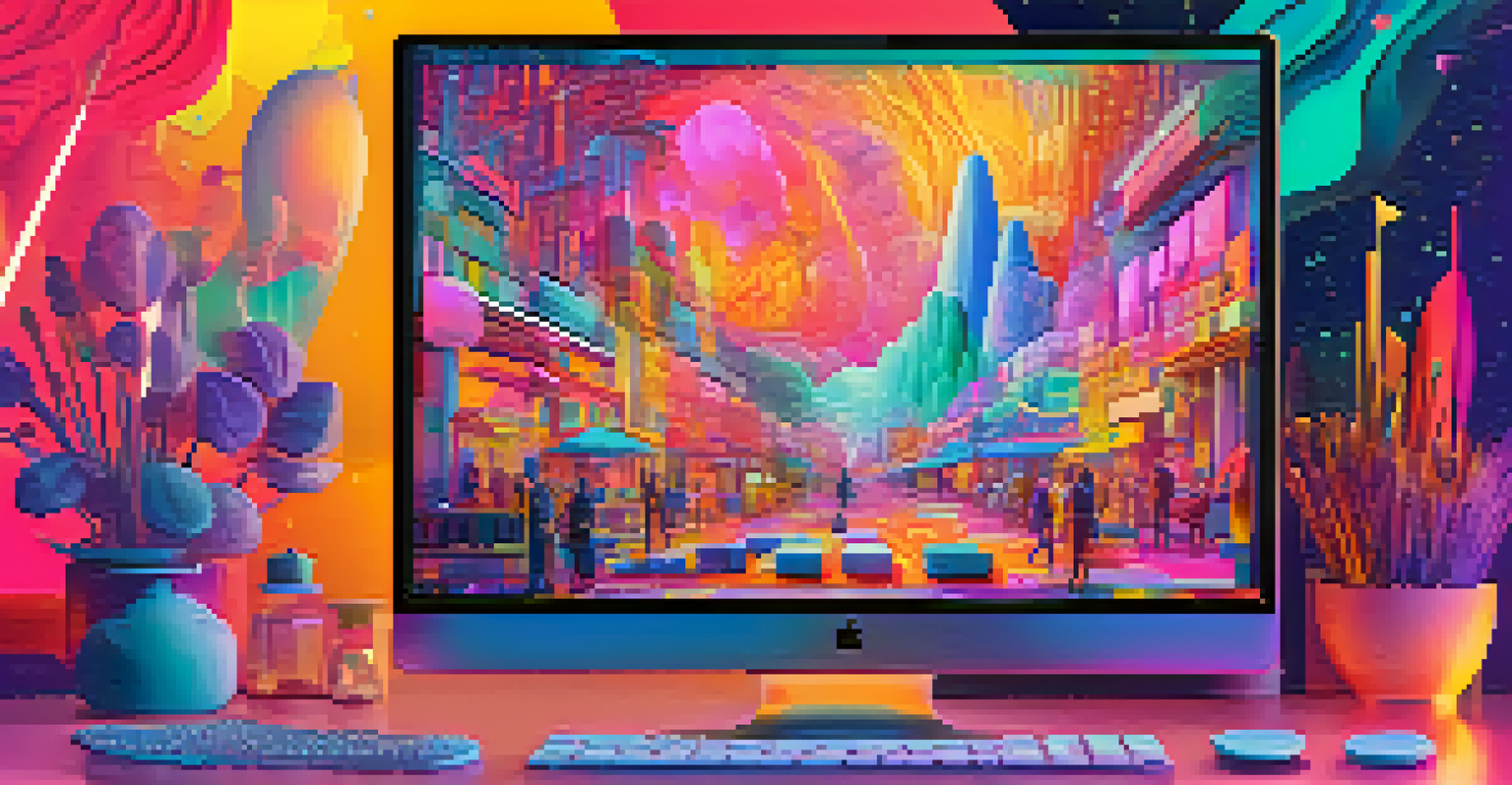 A computer screen displaying an NFT marketplace with colorful digital assets for sale, set against an abstract digital landscape.