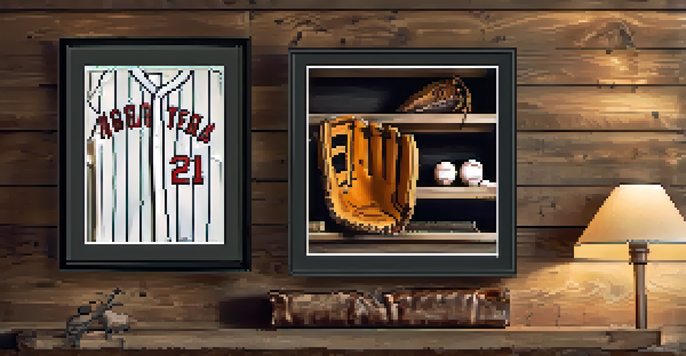 A collection of sports memorabilia including a vintage baseball glove, signed baseball, and framed jersey on a rustic wooden wall, illuminated by warm lighting.