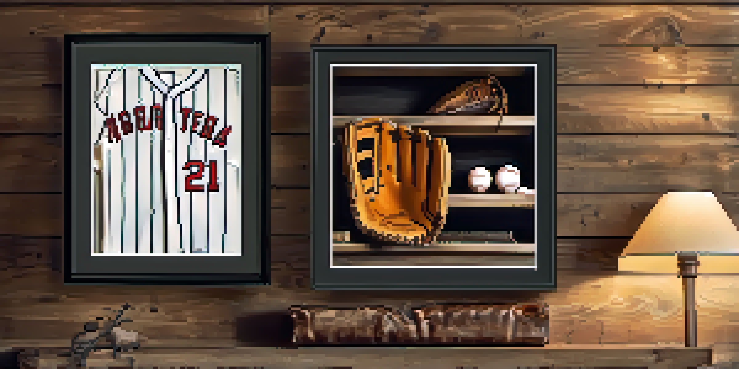 A collection of sports memorabilia including a vintage baseball glove, signed baseball, and framed jersey on a rustic wooden wall, illuminated by warm lighting.