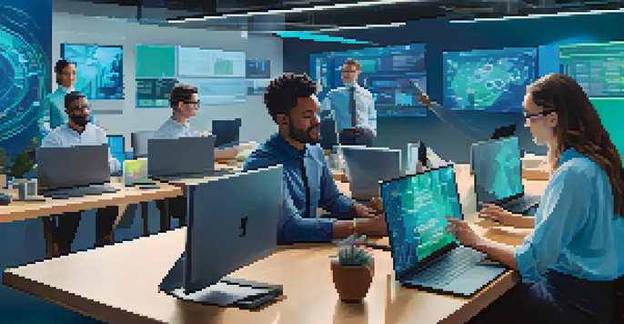 A diverse group of professionals collaborating in a virtual workspace, with holographic screens and laptops.