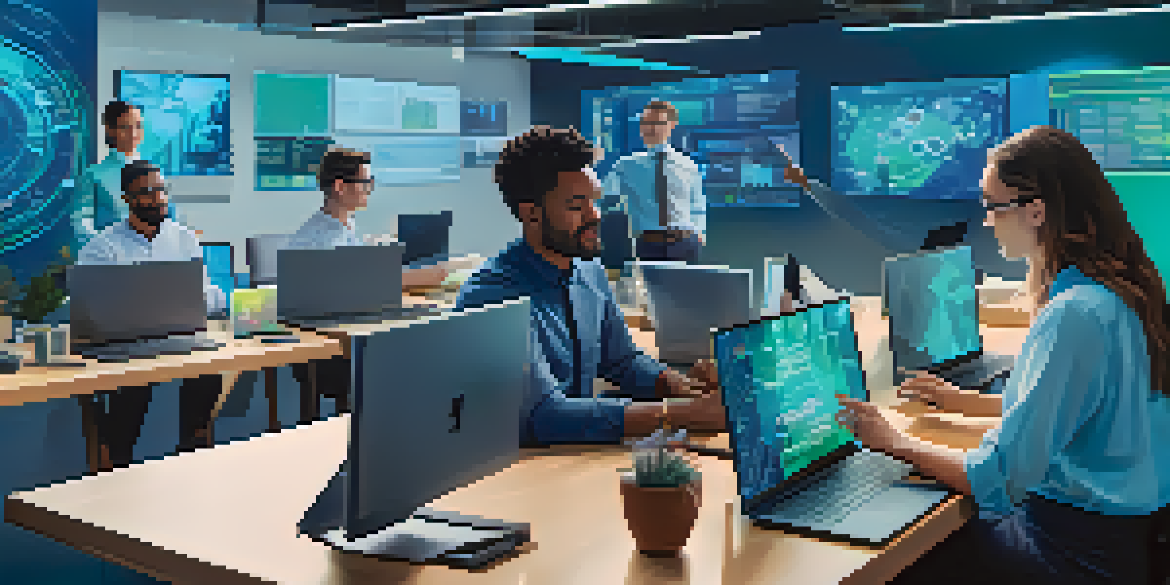 A diverse group of professionals collaborating in a virtual workspace, with holographic screens and laptops.