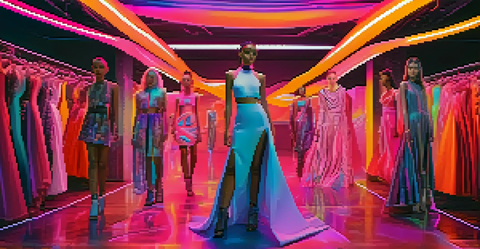 A vibrant virtual fashion show with models in unique NFT clothing, illuminated by neon lights in a digital landscape.