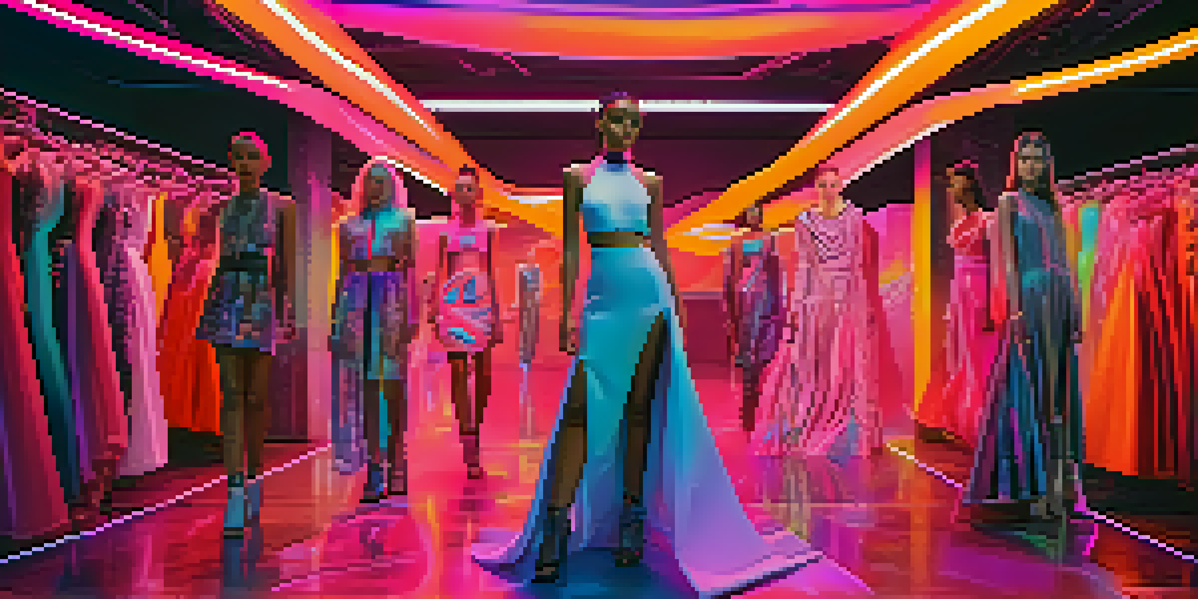 A vibrant virtual fashion show with models in unique NFT clothing, illuminated by neon lights in a digital landscape.