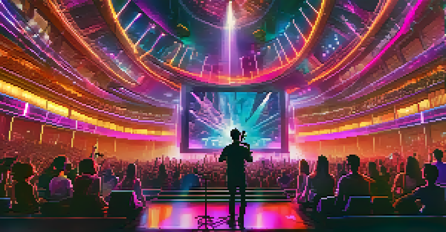 A virtual concert scene with a musician performing, surrounded by animated NFTs and a vibrant audience.