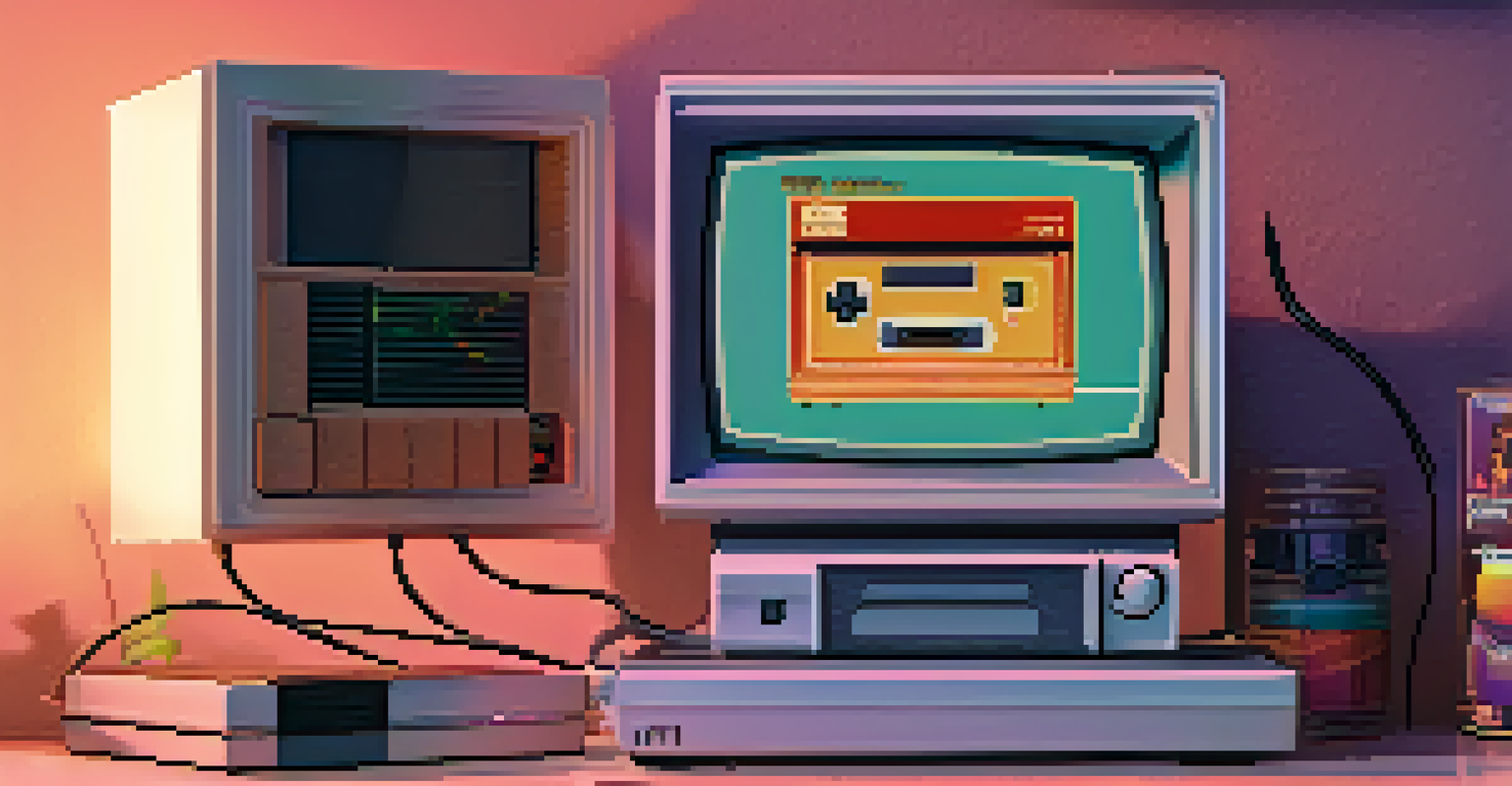 A vintage video game console next to a digital screen displaying NFTs of early internet memes in a cozy room.