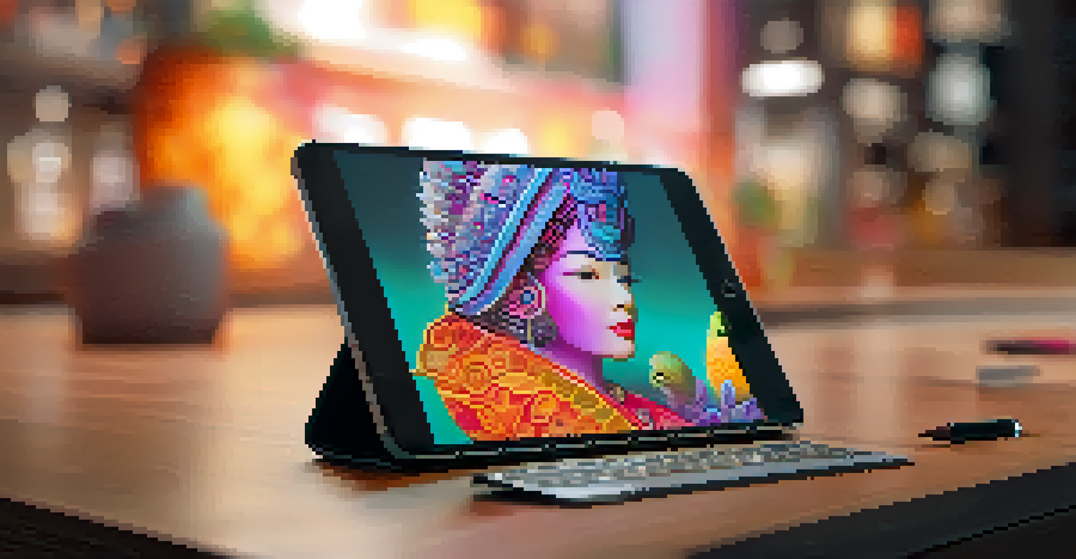 A close-up of a colorful NFT displayed on a modern tablet in a gallery setting, with a soft glow from the screen.
