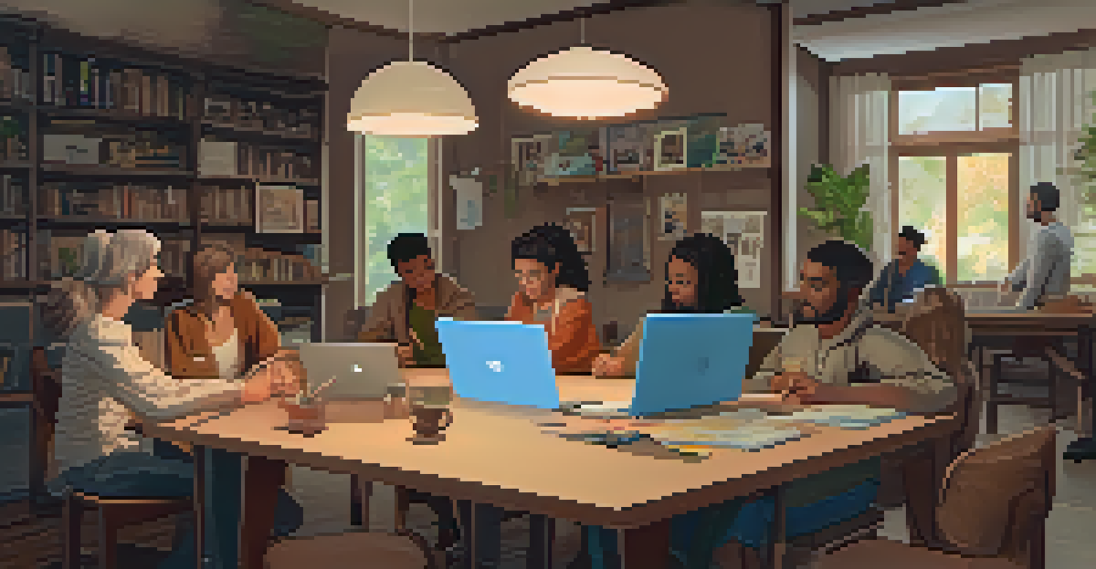 A cozy community gathering of fans collaborating on storytelling projects using NFTs, surrounded by laptops and storyboards in a warm setting.