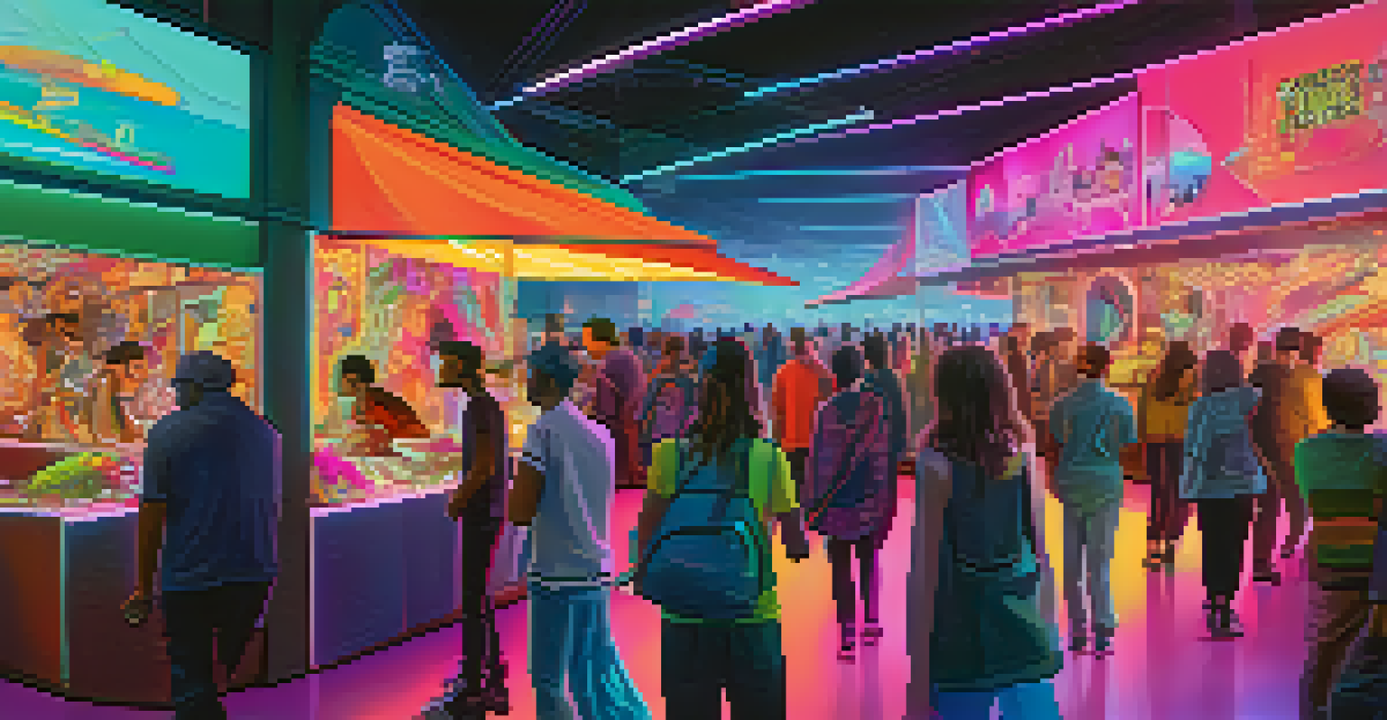 A vibrant futuristic marketplace filled with digital art collectors and creators showcasing NFTs.