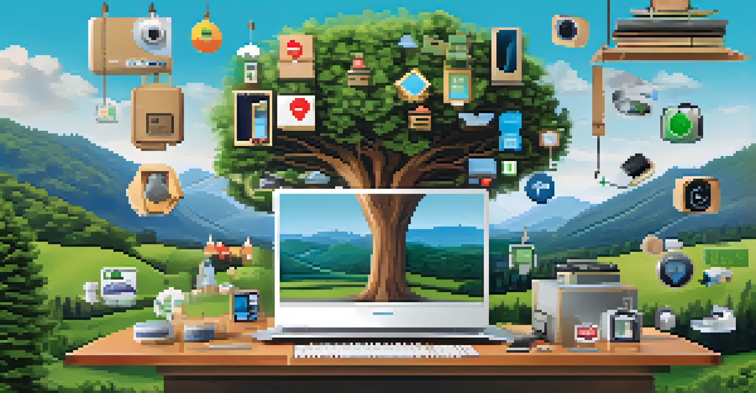 A digital art piece of a tree made from product icons with NFT tags, set against a natural landscape.