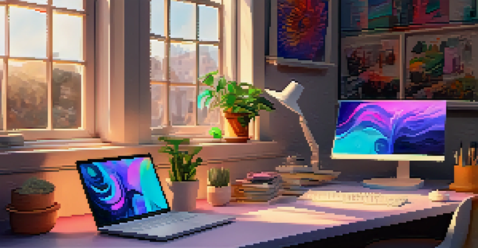 A digital artist's workspace with colorful designs and a computer showing NFT artwork, illuminated by warm lighting.