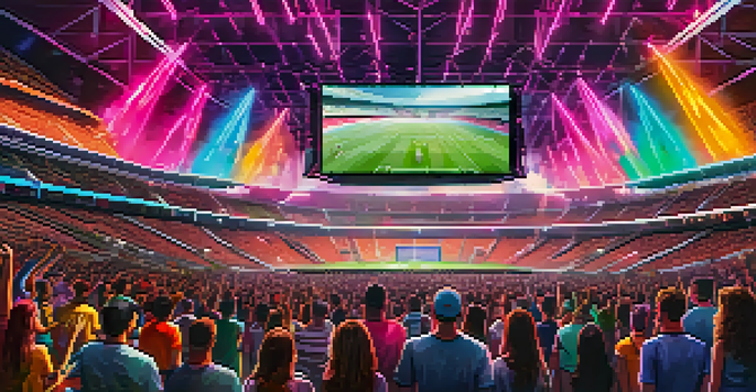 A lively sports stadium with fans enjoying a digital experience, featuring a large screen showing NFT highlights.