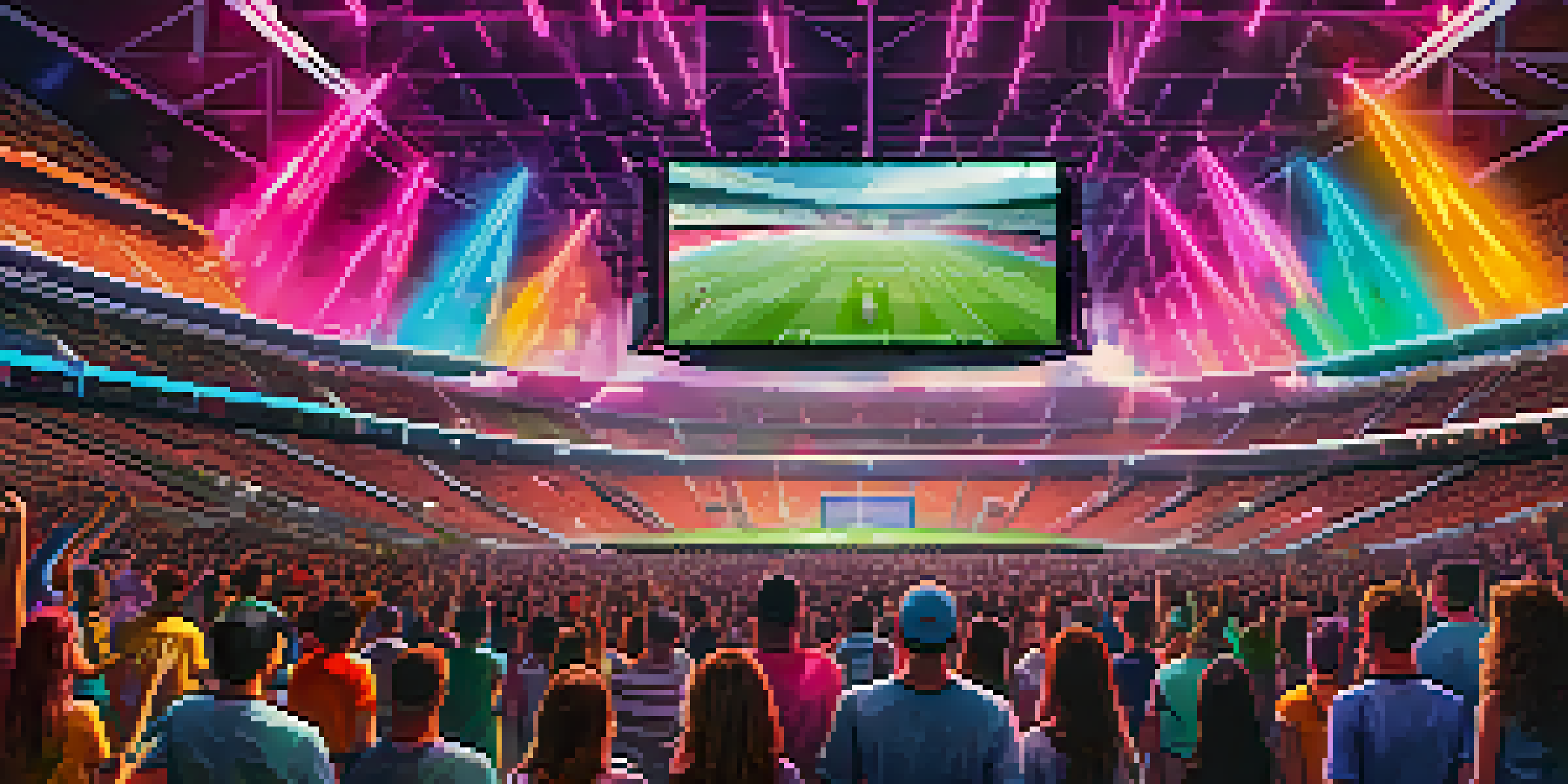 A lively sports stadium with fans enjoying a digital experience, featuring a large screen showing NFT highlights.
