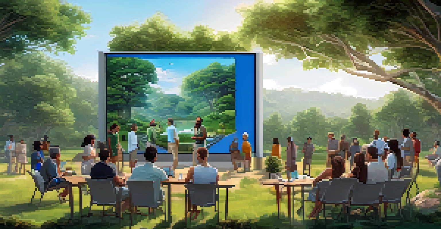 A group of people gathered outdoors discussing wildlife conservation NFTs, with a digital screen in a lush green setting.