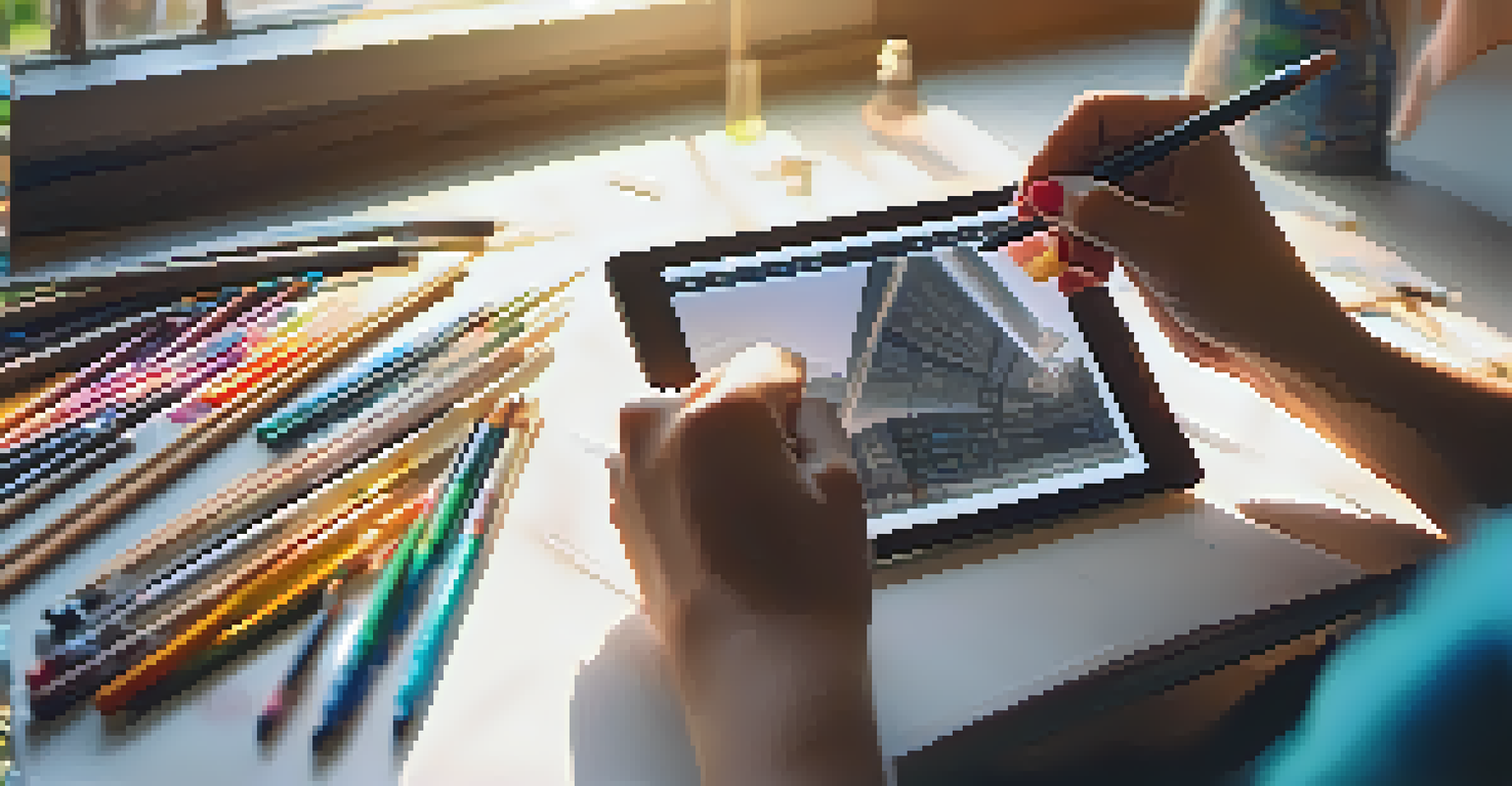 An artist working on a digital tablet, creating an NFT artwork, with art supplies scattered around and sunlight illuminating the workspace.