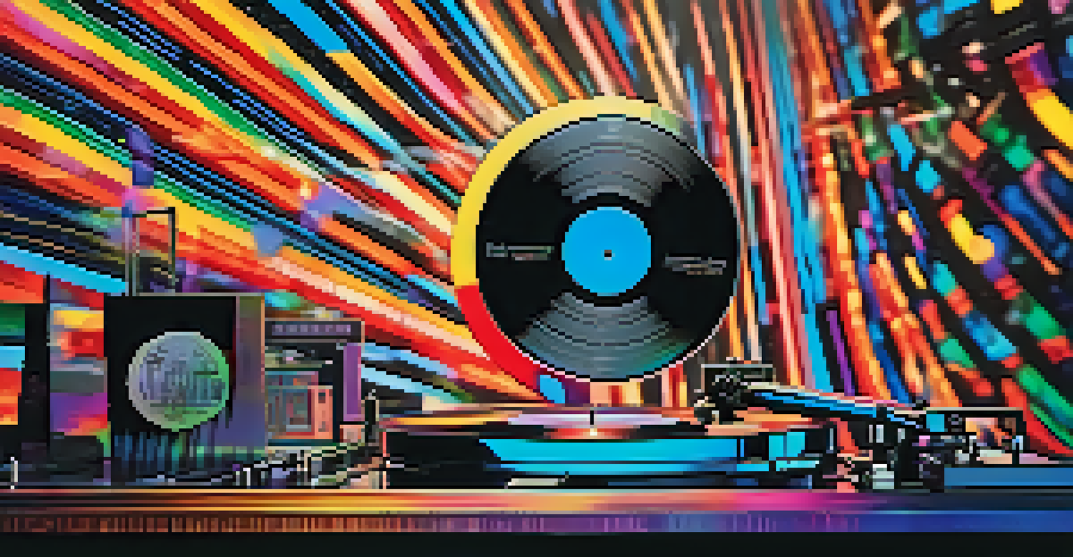 A vinyl record on a turntable with holographic NFTs rotating around it, showcasing concert scenes and album covers.