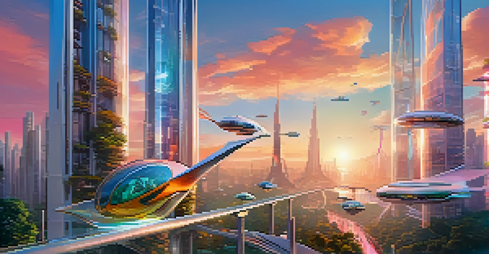 A futuristic city with glass skyscrapers reflecting a sunset, flying vehicles, and people on transparent walkways with greenery.