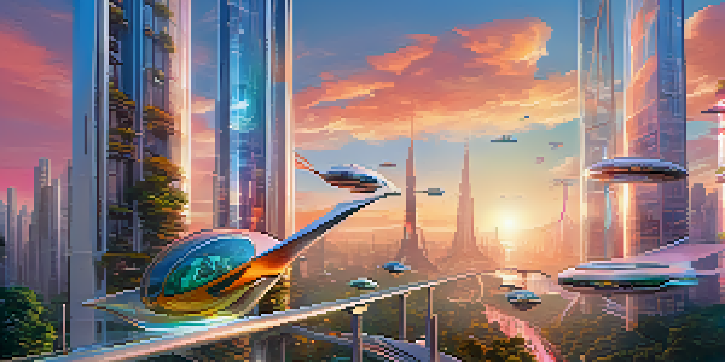 A futuristic city with glass skyscrapers reflecting a sunset, flying vehicles, and people on transparent walkways with greenery.