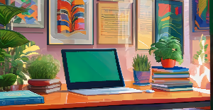A colorful digital badge on a computer screen in a cozy study environment, representing online course achievement.