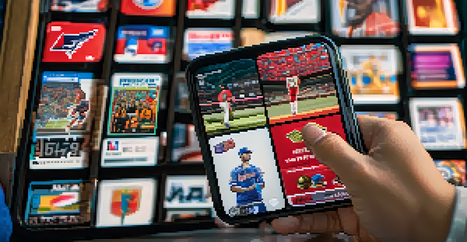 A smartphone displaying a digital sports NFT, with memorabilia like jerseys and trading cards in the background.