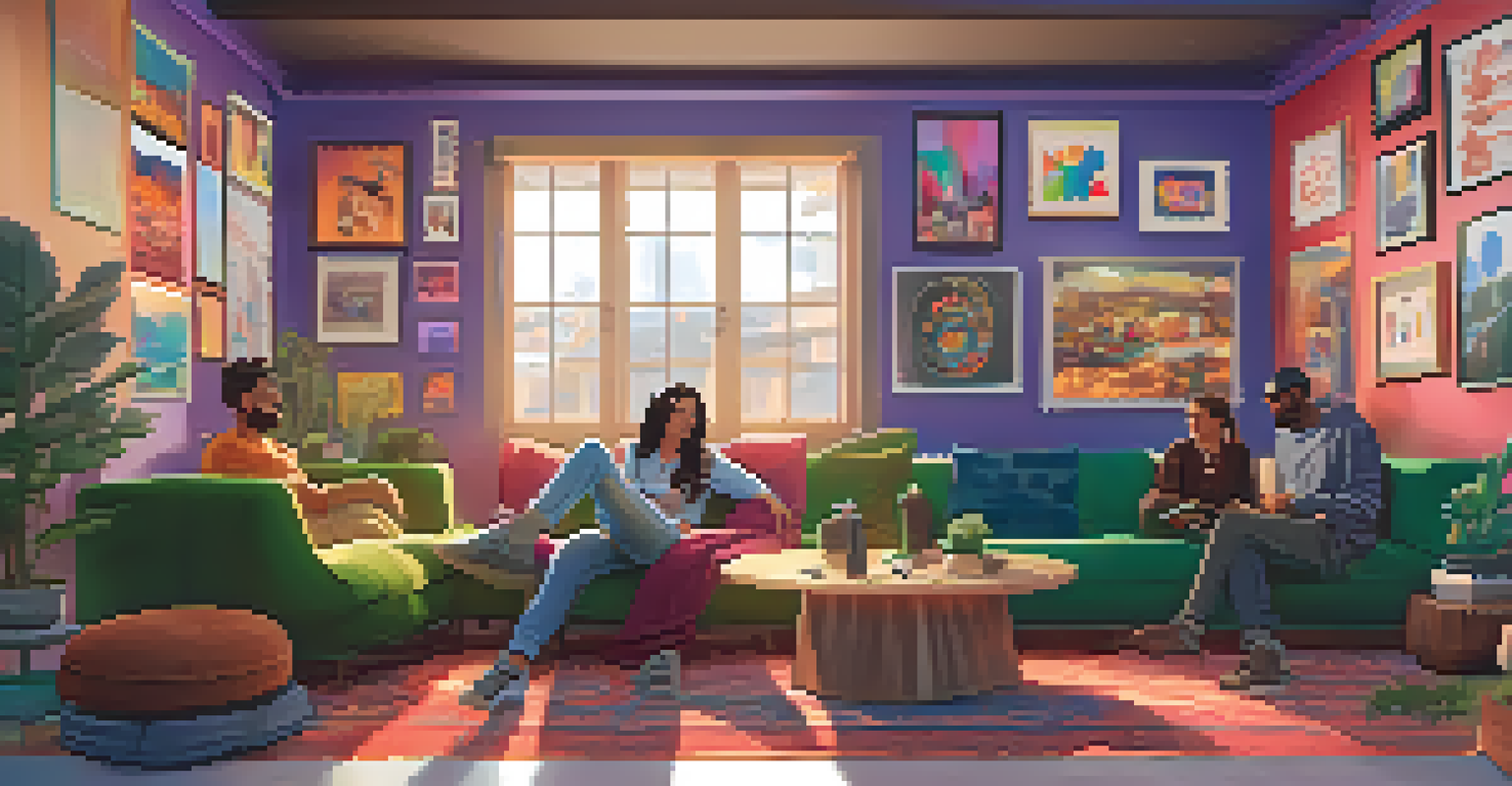 A digital lounge representing an online community for NFT owners with art pieces, warm lighting, and interactive screens.