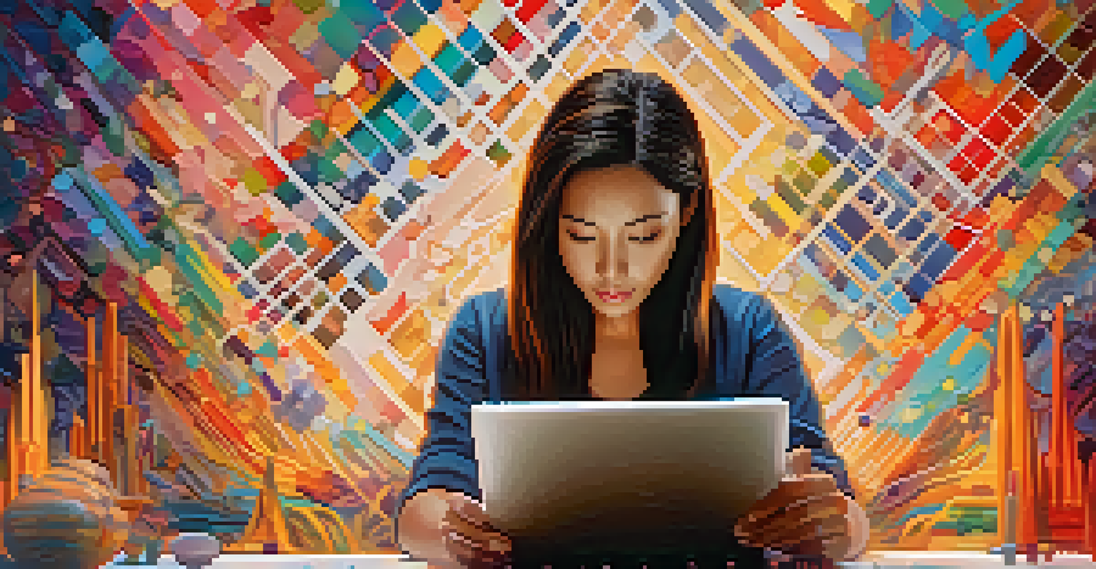 A female artist creating generative art on a digital tablet, surrounded by colorful patterns symbolizing creativity.