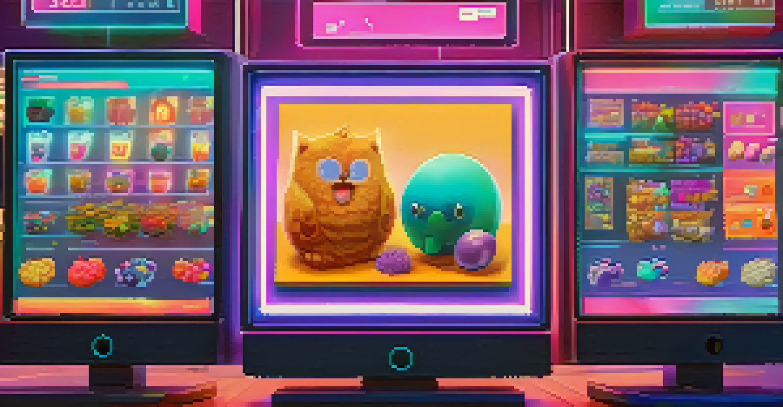 A digital marketplace interface displaying a variety of colorful NFTs for trade.