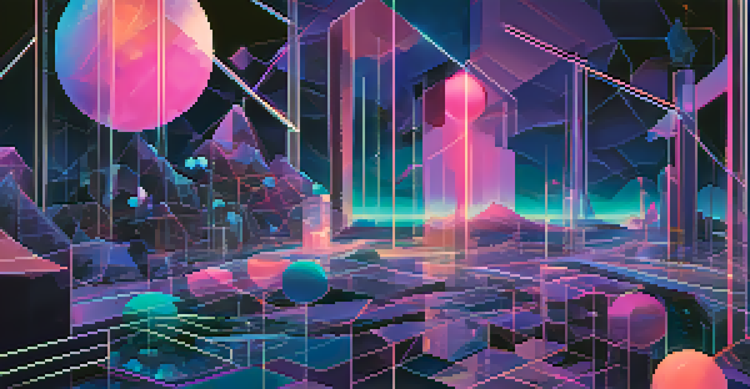 A colorful abstract digital landscape representing decentralization in NFTs with geometric shapes.