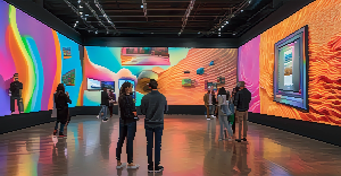 A modern museum interior with visitors interacting with colorful augmented reality displays and traditional art pieces.