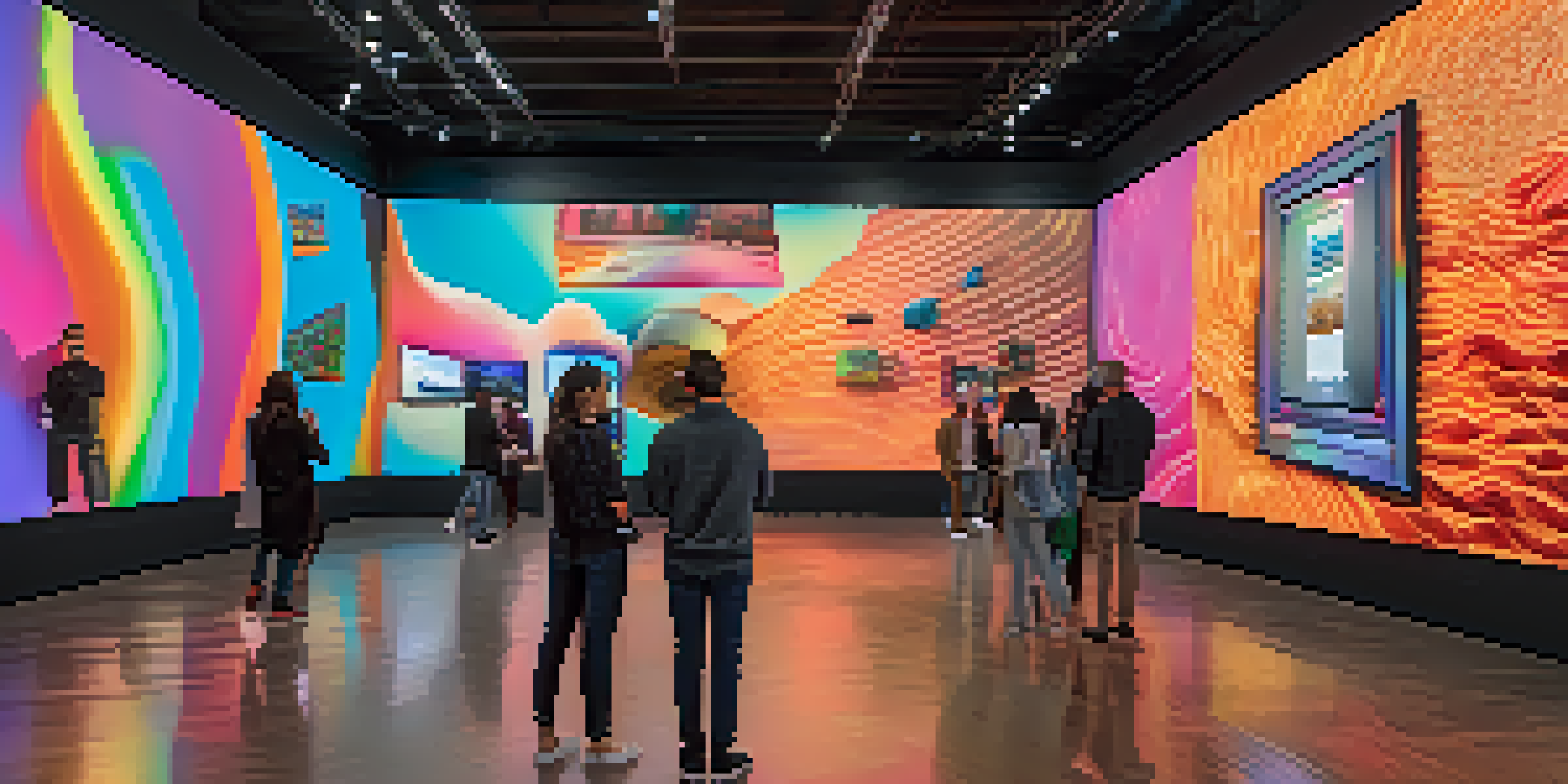 A modern museum interior with visitors interacting with colorful augmented reality displays and traditional art pieces.