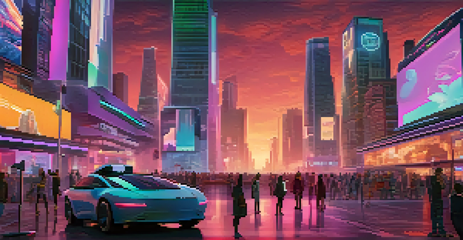 A futuristic city with virtual reality elements and animated NFTs on billboards.