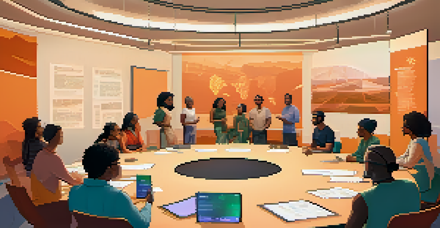 A community governance meeting with diverse individuals discussing NFT project ideas in a cozy room with digital art.