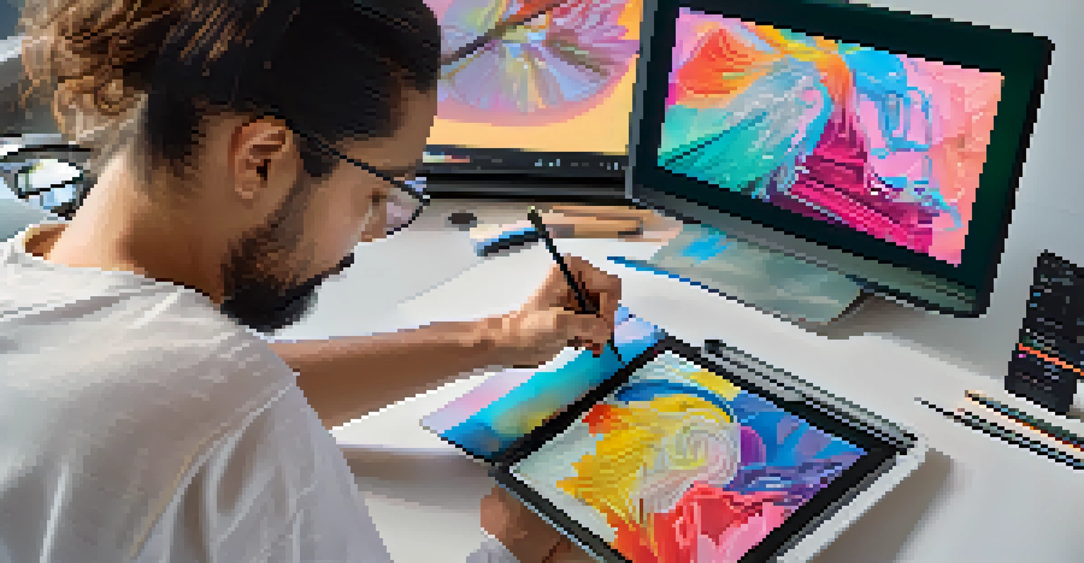 A close-up of an artist digitally painting on a tablet, with sketches and tools around, capturing the essence of minting an NFT.