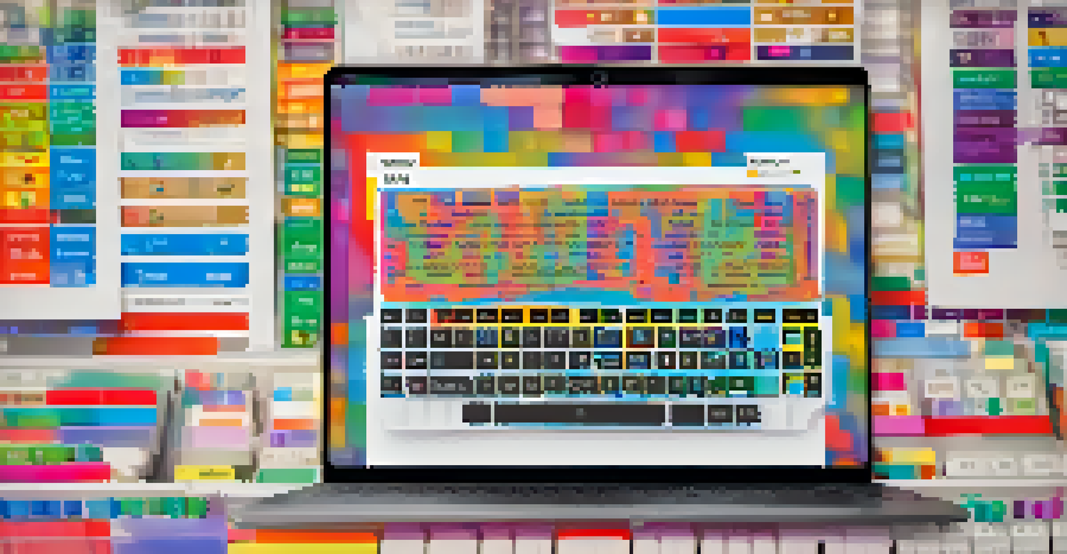 A close-up of a computer keyboard with highlighted keys and colorful pop-up tips for navigating an NFT marketplace. The background shows a blurred NFT art piece, emphasizing accessibility.