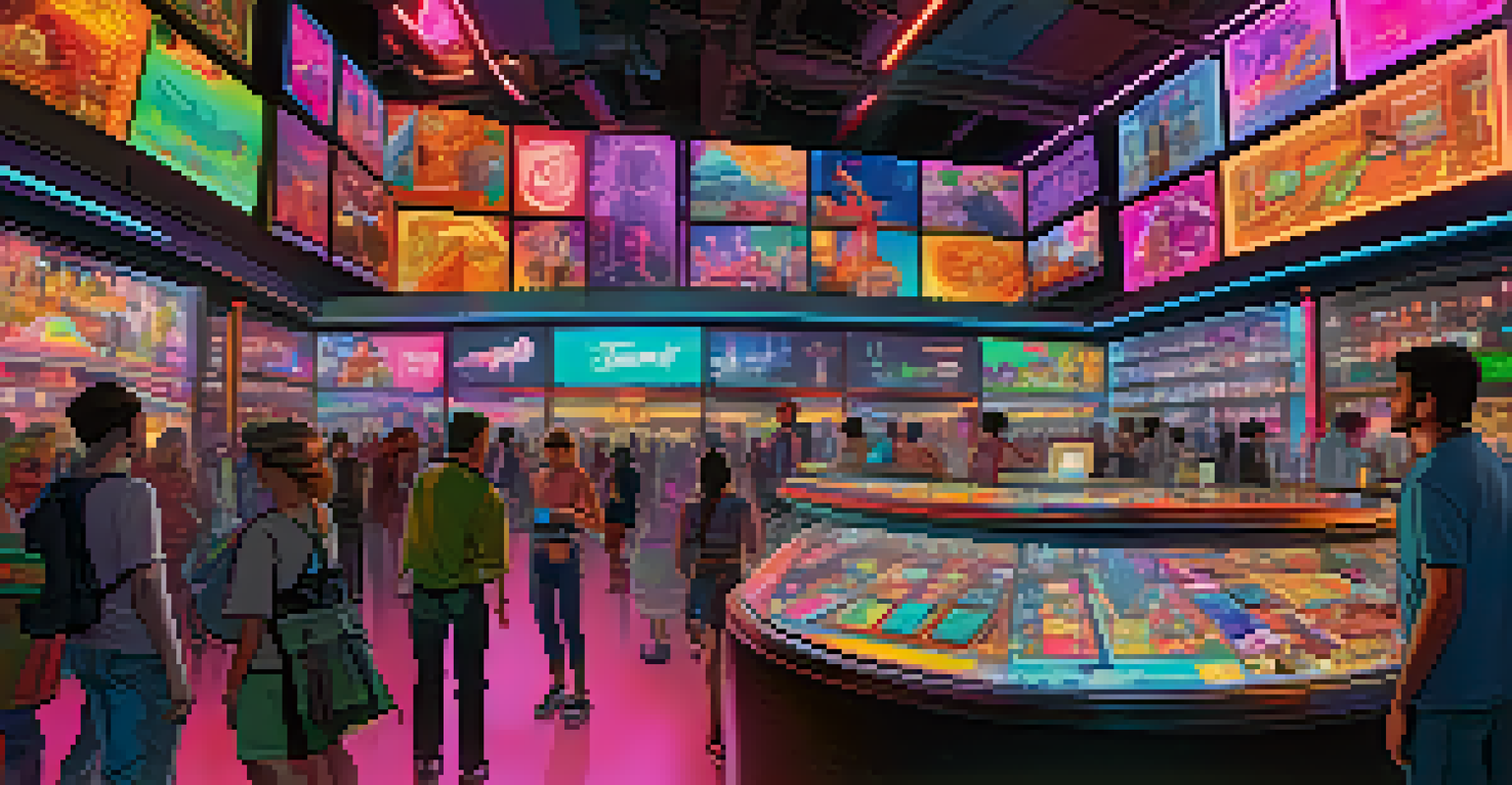 An NFT marketplace with avatars trading digital assets and colorful displays of rare in-game items.