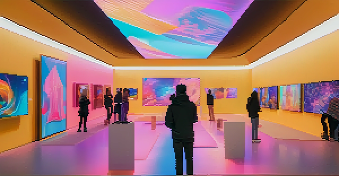 A modern digital art gallery filled with people admiring colorful NFT artworks displayed on screens, illuminated by soft ambient lighting.